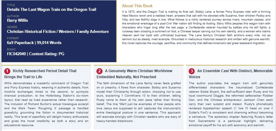 Manuscript evaluation for The Last Wagon Train on the Oregon Trail, including its synopsis, format, and three editorial strengths