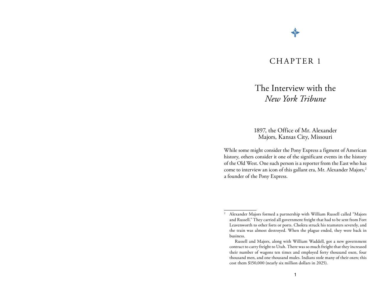 Chapter One title page from The Legacy of the Pony Express